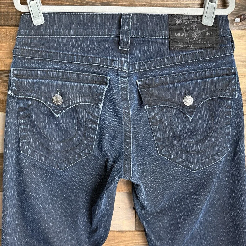 True Religion Ricky World Tour Men’s 32 Fit 31 Dark Wash Flap Pocket USA Raw Hem